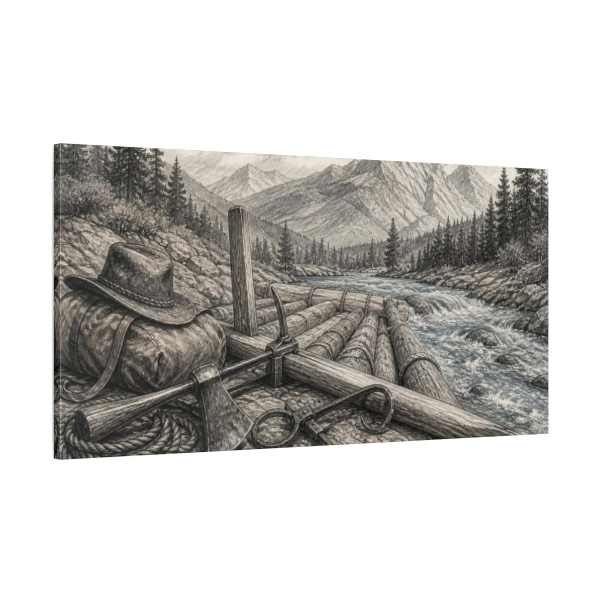 Side Mockup 2. Rustic Log Raft shown as canvas print