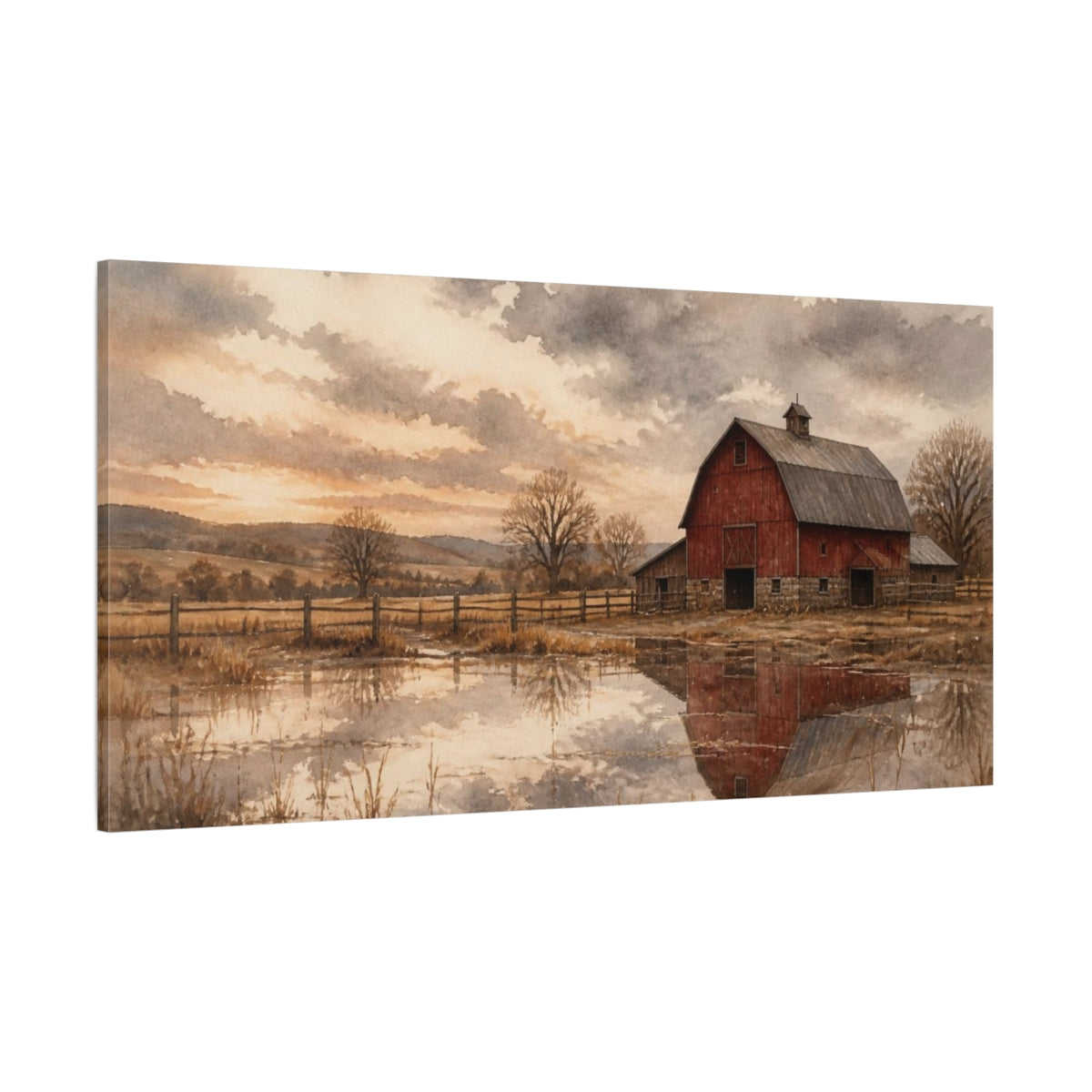 Side Mockup 2. Rustic Red Barn Reflection shown as canvas print