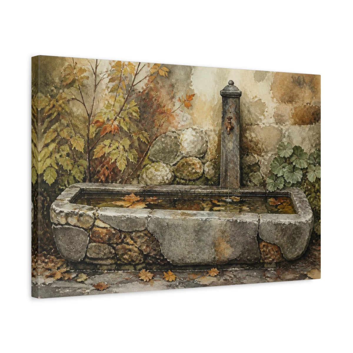 Side Mockup 3. Rustic Stone Trough Fountain shown as canvas print