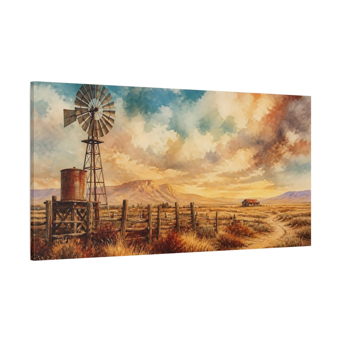 Side Mockup 2. Rustic Windmill Sunset shown as canvas print
