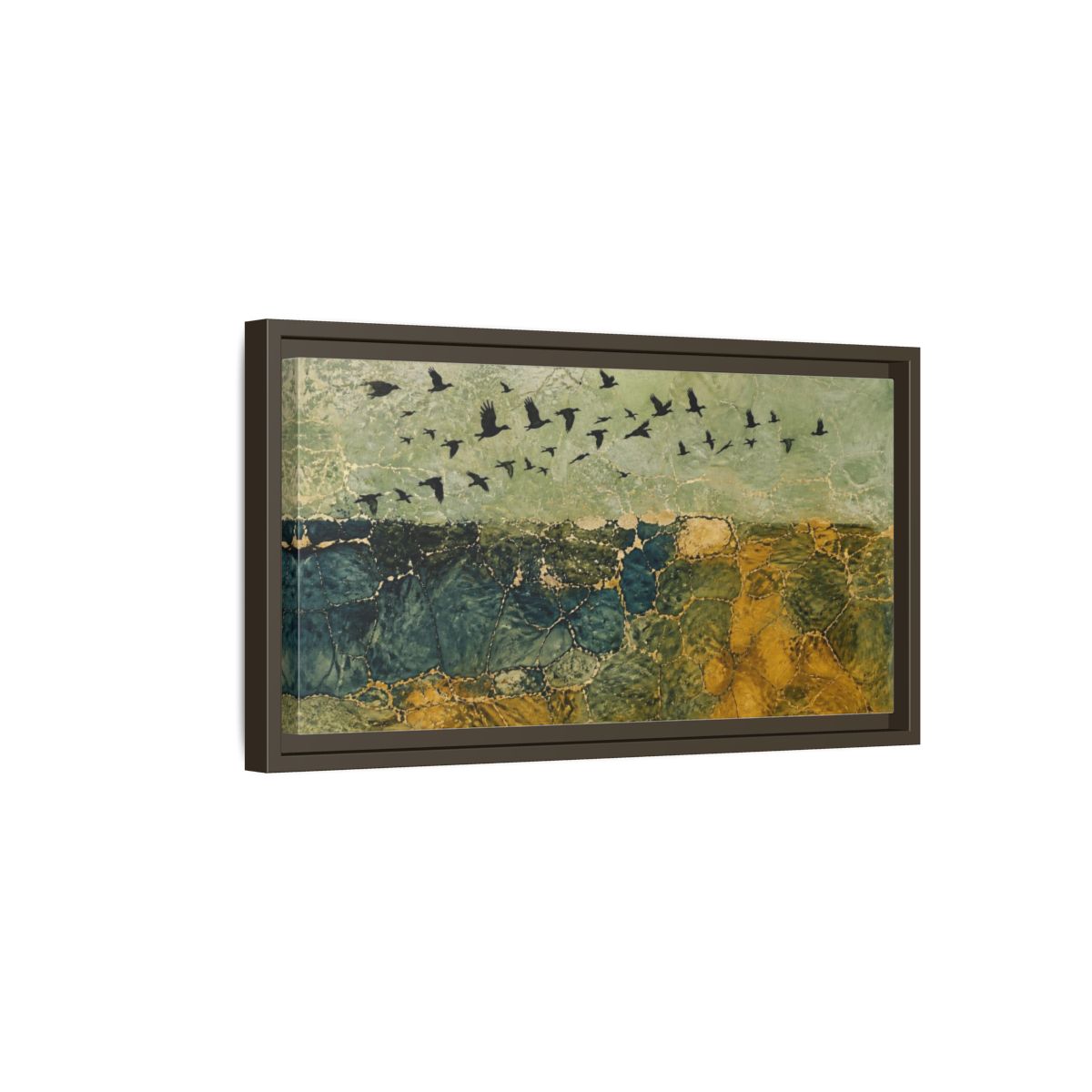 Side Mockup 7. Sage Horizon Birds shown as framed canvas print
