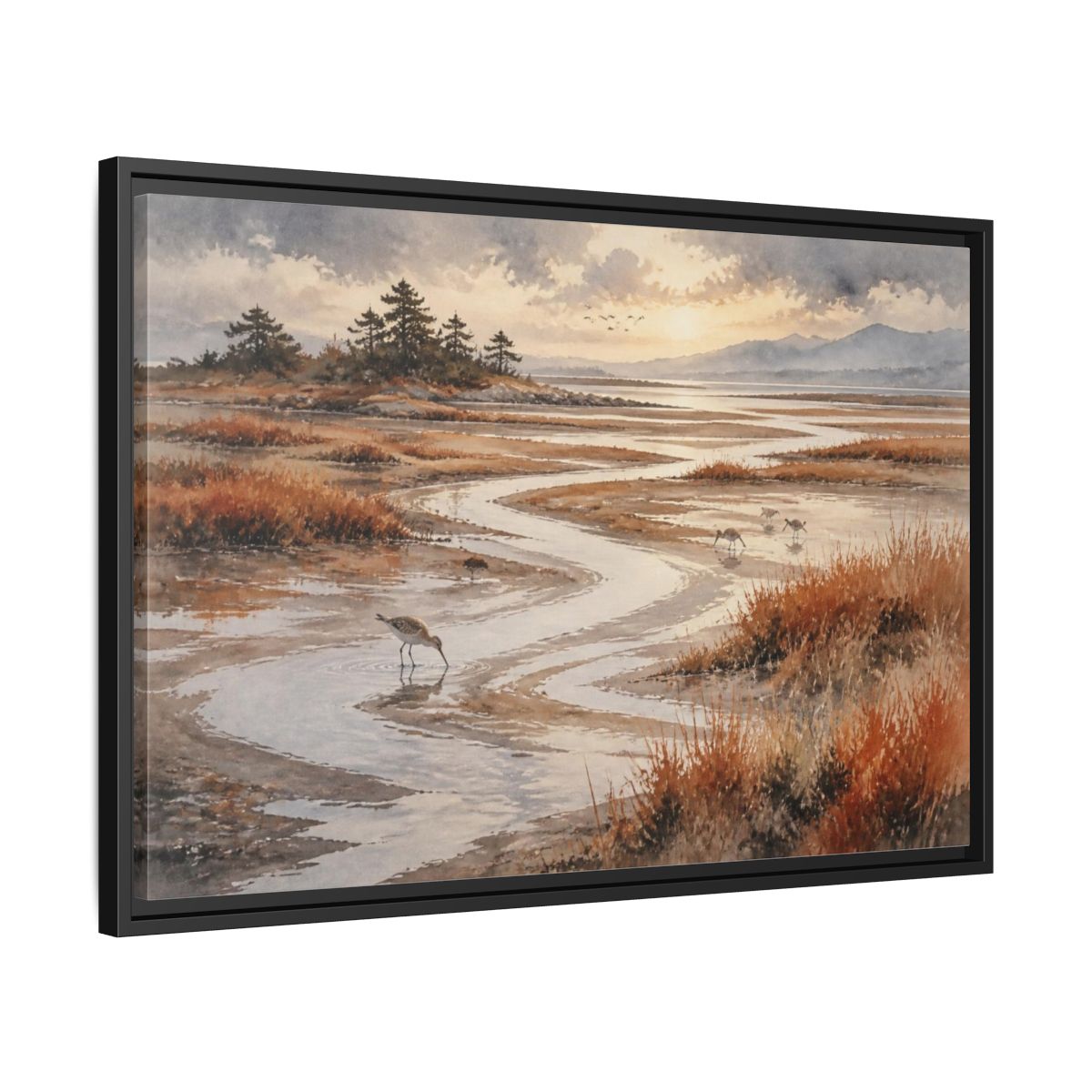 Side Mockup 14. Salt Marsh Landscape shown as framed canvas print