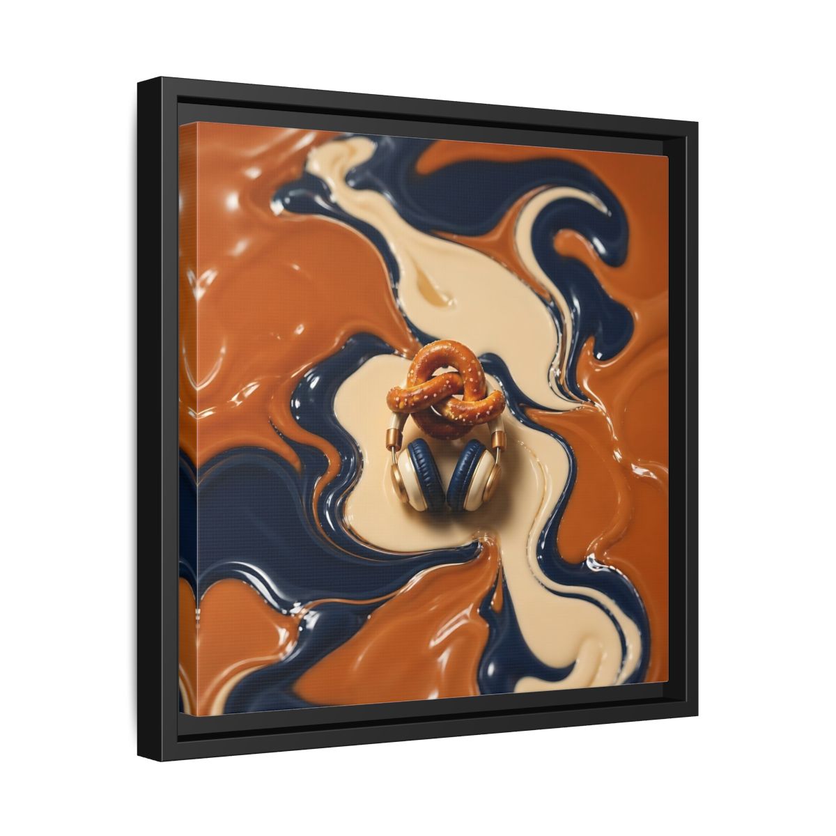 Side Mockup 32. Salted Pretzel & Headphones shown as framed canvas print