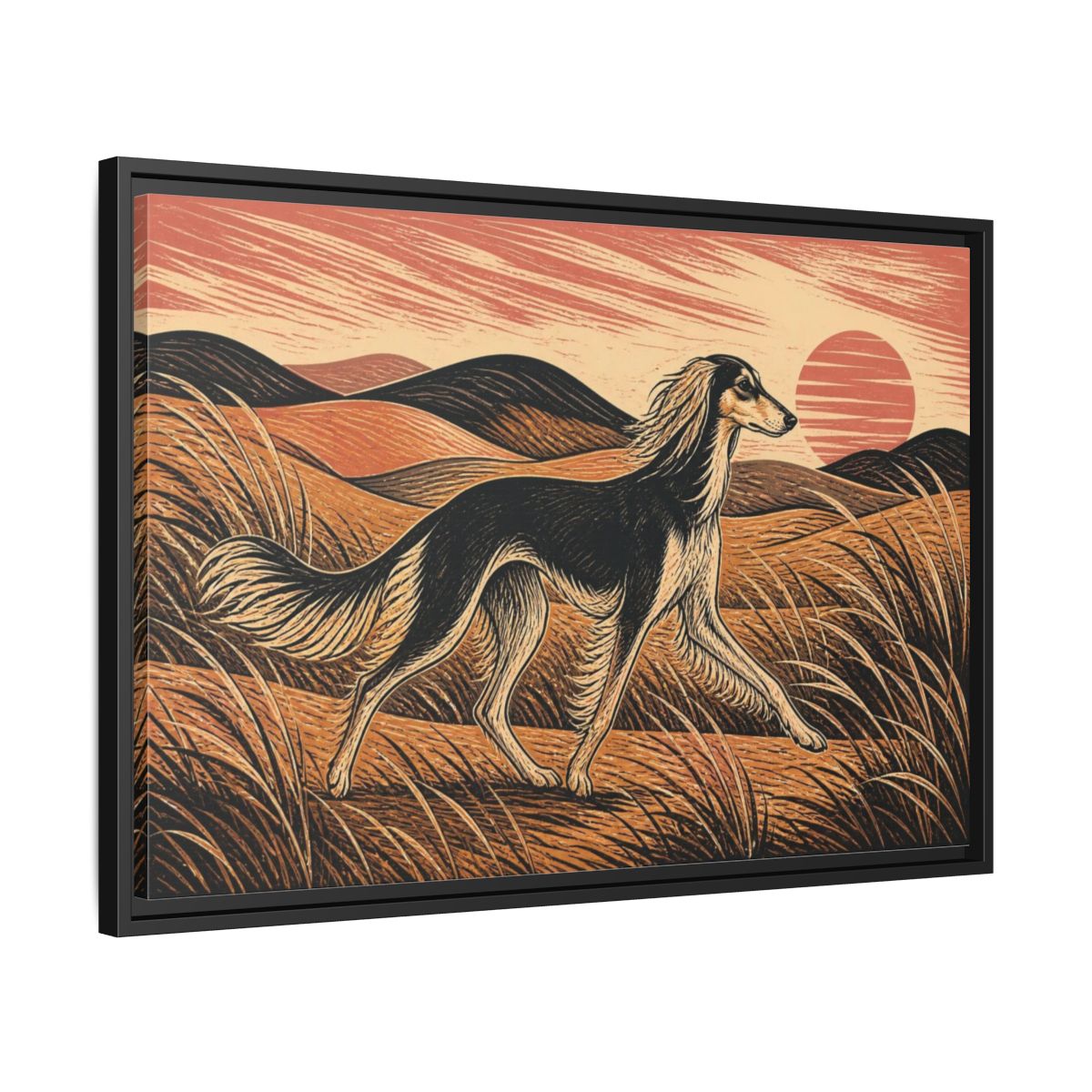 Side Mockup 14. Saluki Pets Sunset shown as framed canvas print