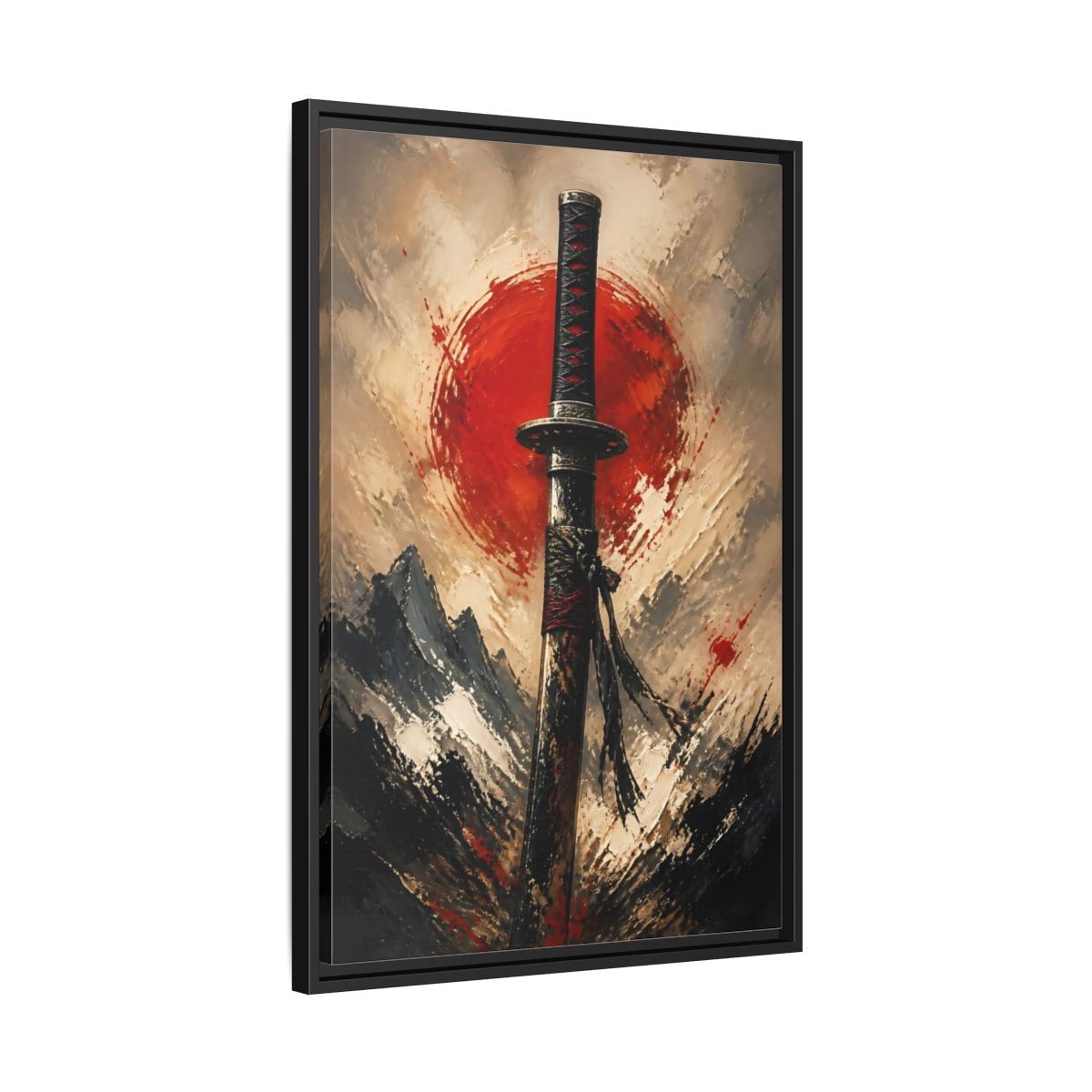 Side Mockup 14. Samurai Sword Red Sun shown as framed canvas print
