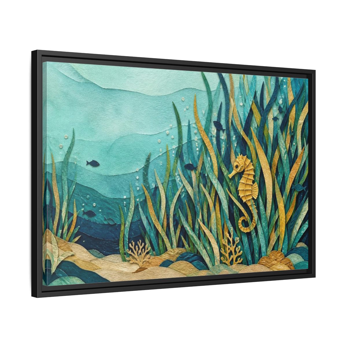 Side Mockup 14. Seahorse Nature Meadow shown as framed canvas print