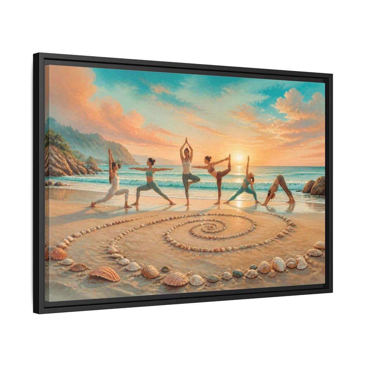 Side Mockup 14. Seashell Spiral Sunset Yoga shown as framed canvas print