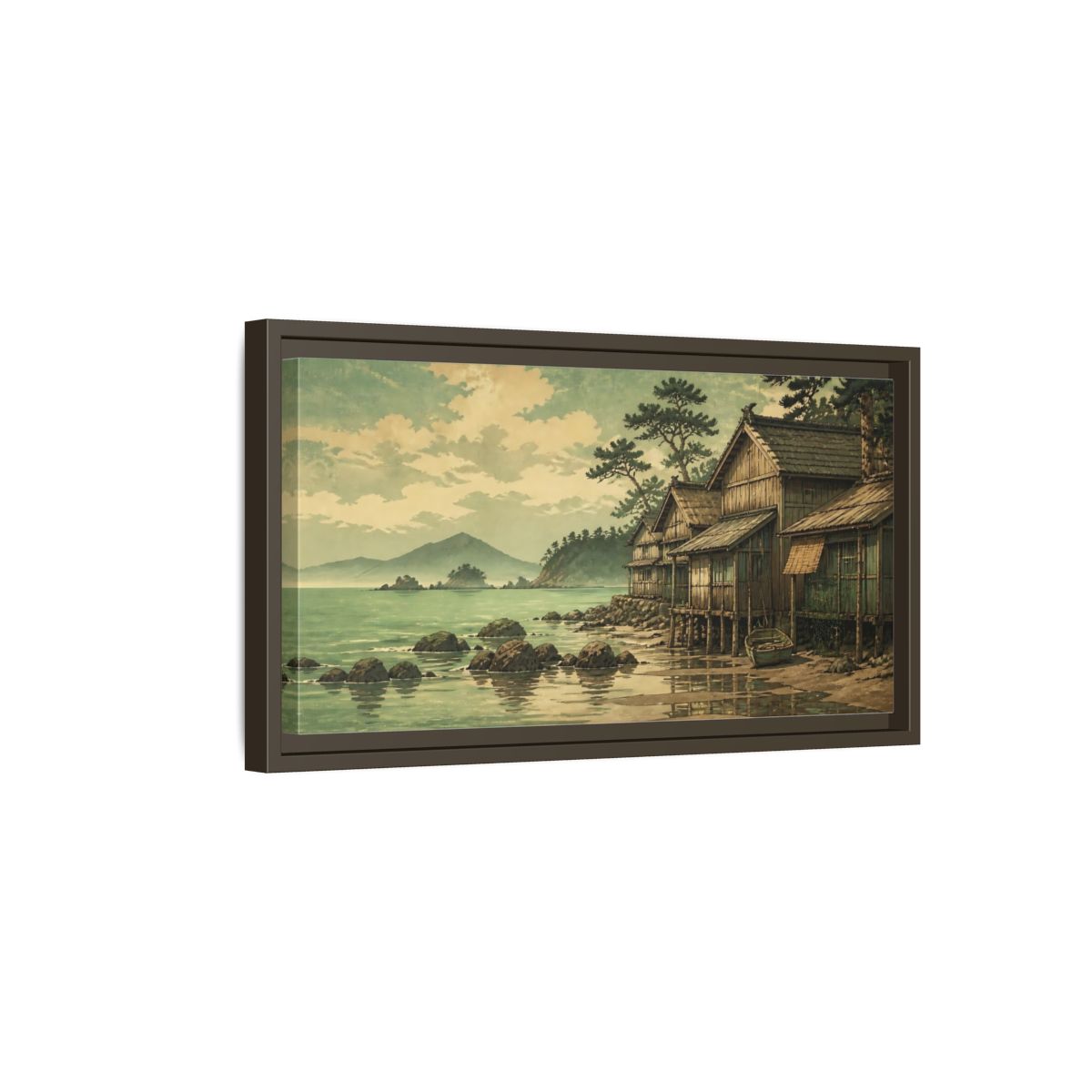 Side Mockup 7. Seaside Fishing Village shown as framed canvas print