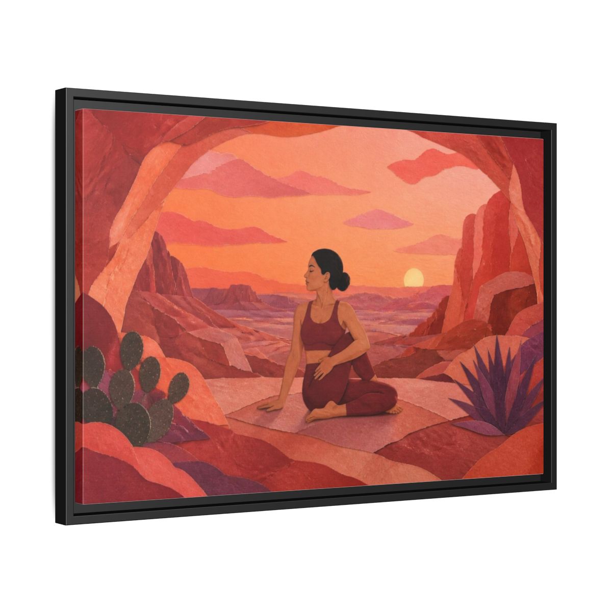 Side Mockup 14. Seated Desert Yoga Twist shown as framed canvas print