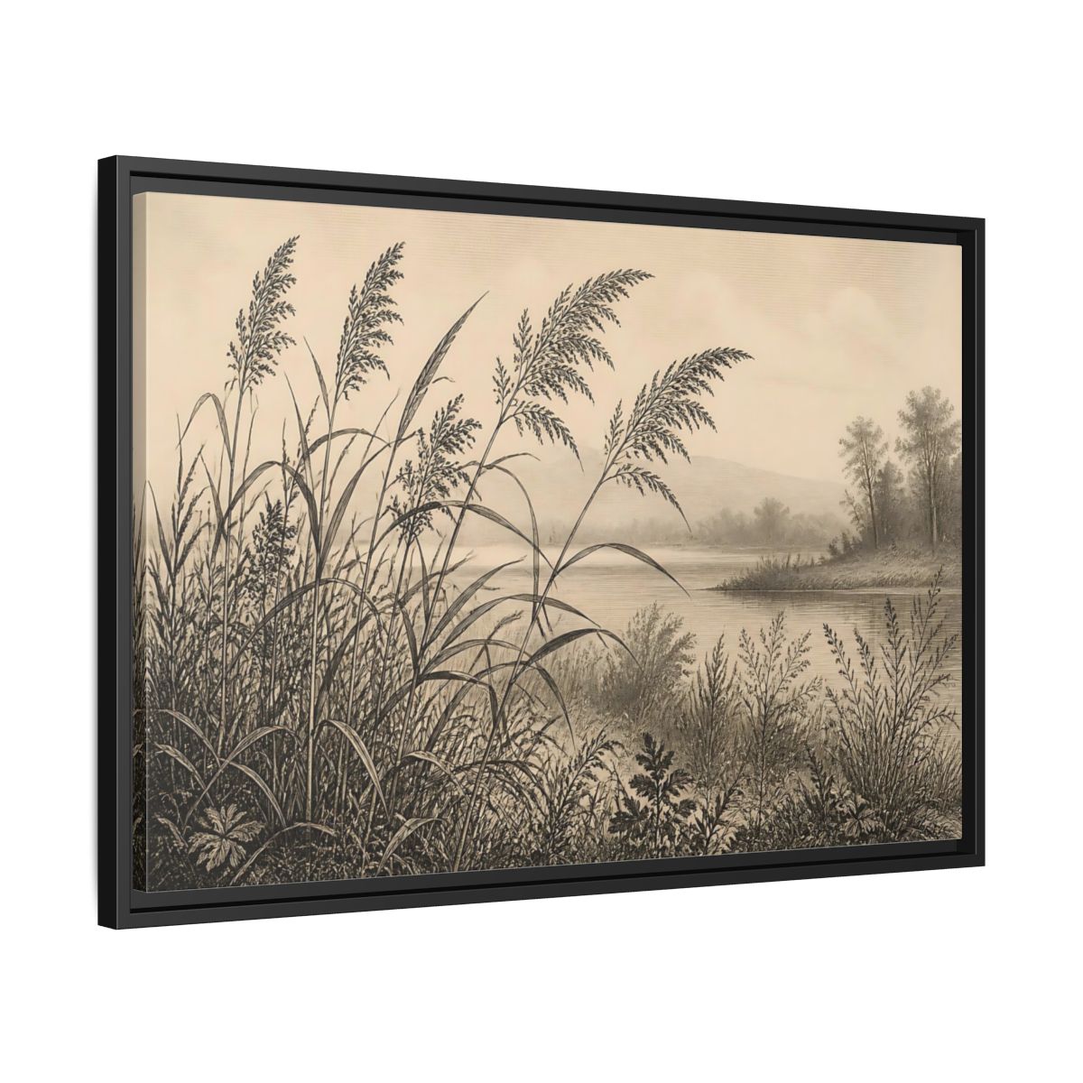Side Mockup 14. Sepia River Reeds shown as framed canvas print