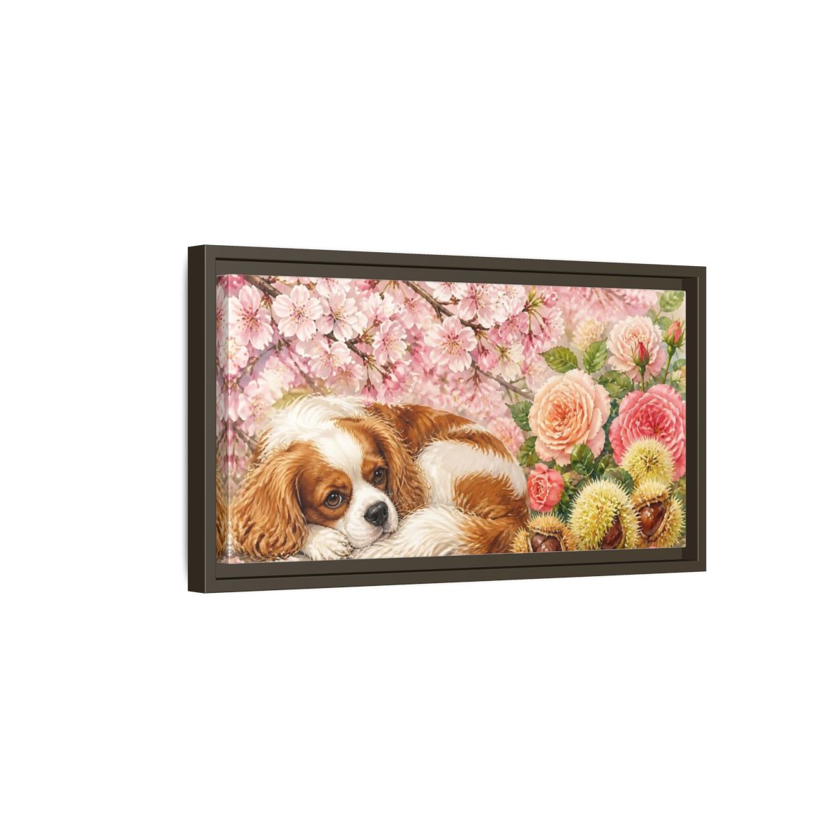 Side Mockup 7. Sleeping Cavalier In Blossoms shown as framed canvas print