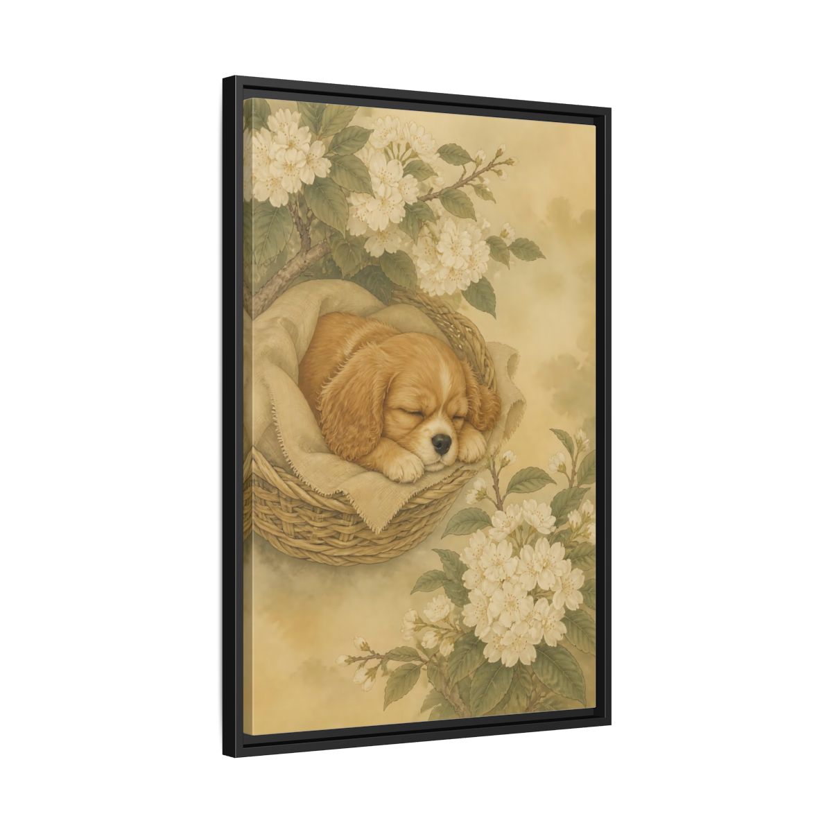 Side Mockup 14. Sleeping Puppy In Basket shown as framed canvas print