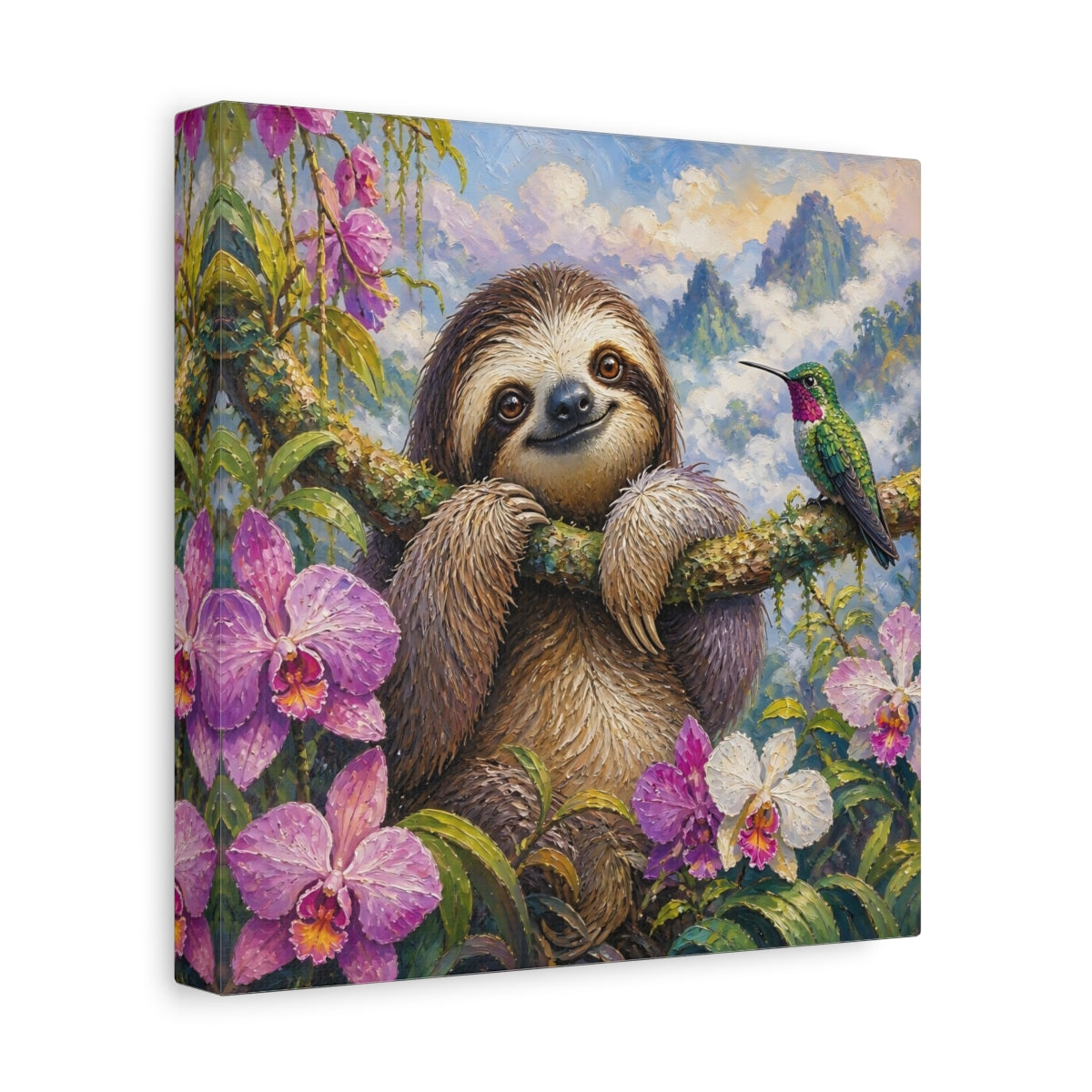 Side Mockup 9. Smiling Sloth With Hummingbird shown as canvas print