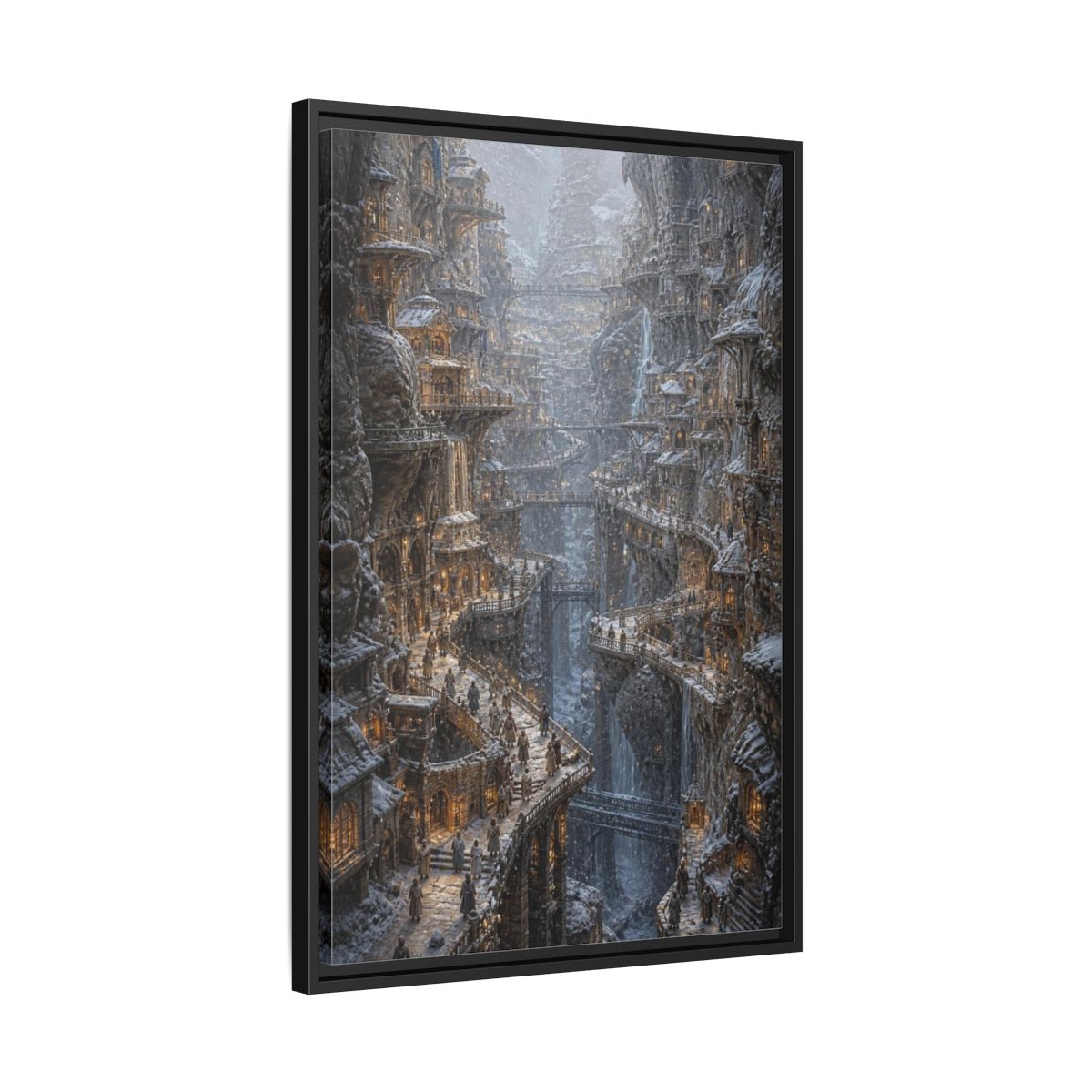Side Mockup 14. Snowbound Cliffside City shown as framed canvas print