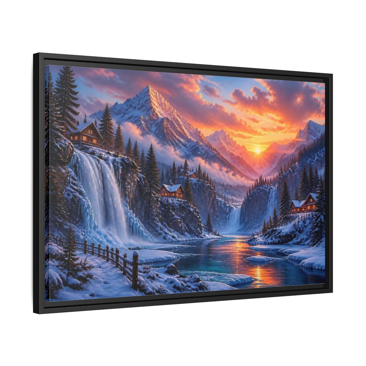 Side Mockup 14. Snowy Mountain Sunset shown as framed canvas print
