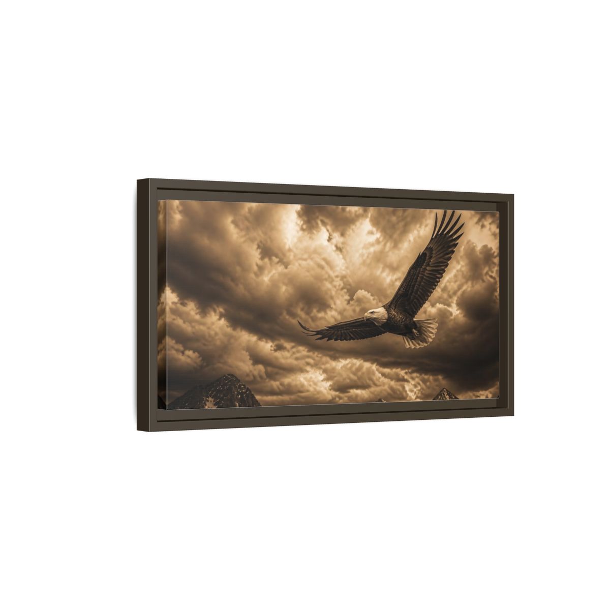 Side Mockup 7. Soaring Bald Eagle Over Mountains shown as framed canvas print