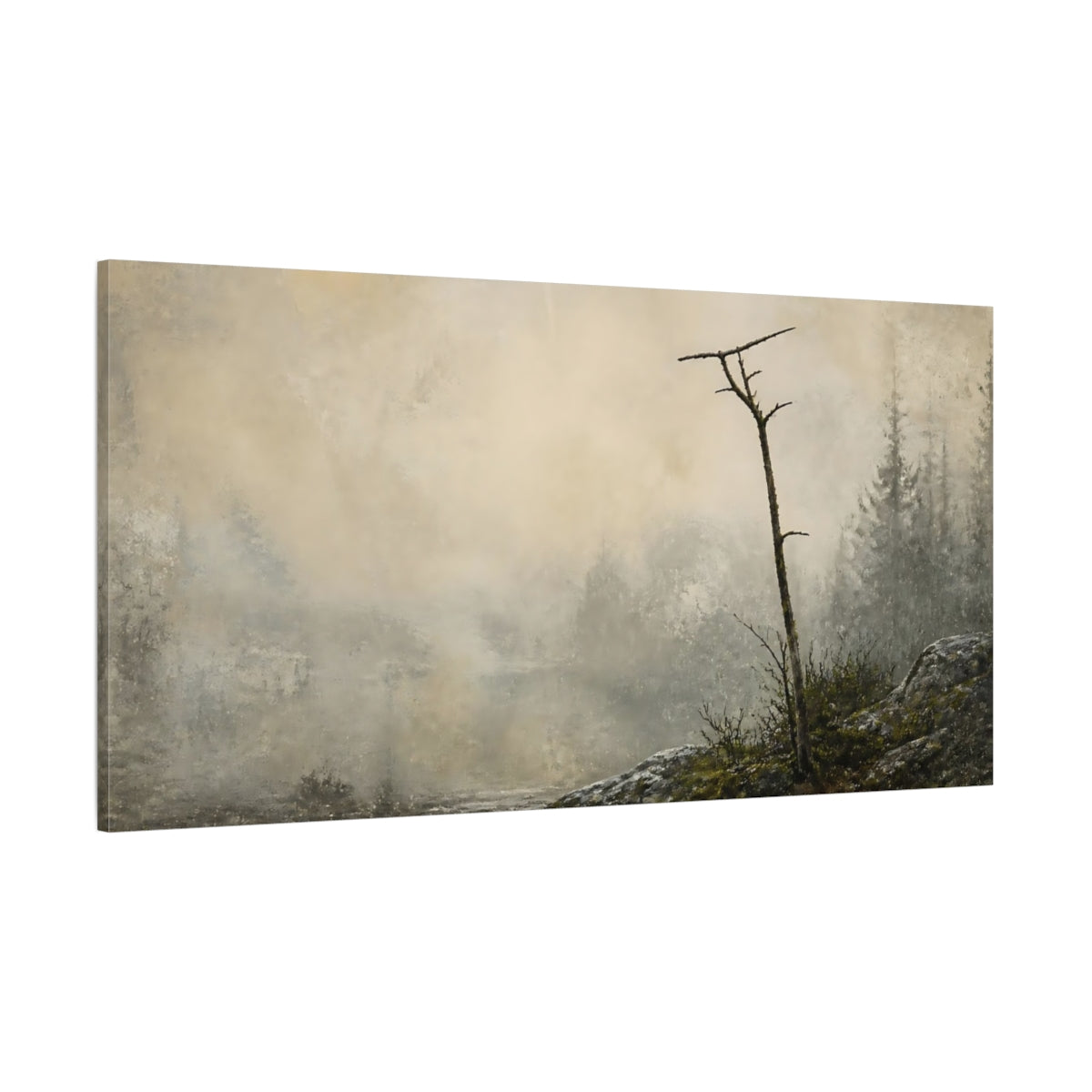 Side Mockup 2. Solitary Tree On Misty Shore shown as canvas print