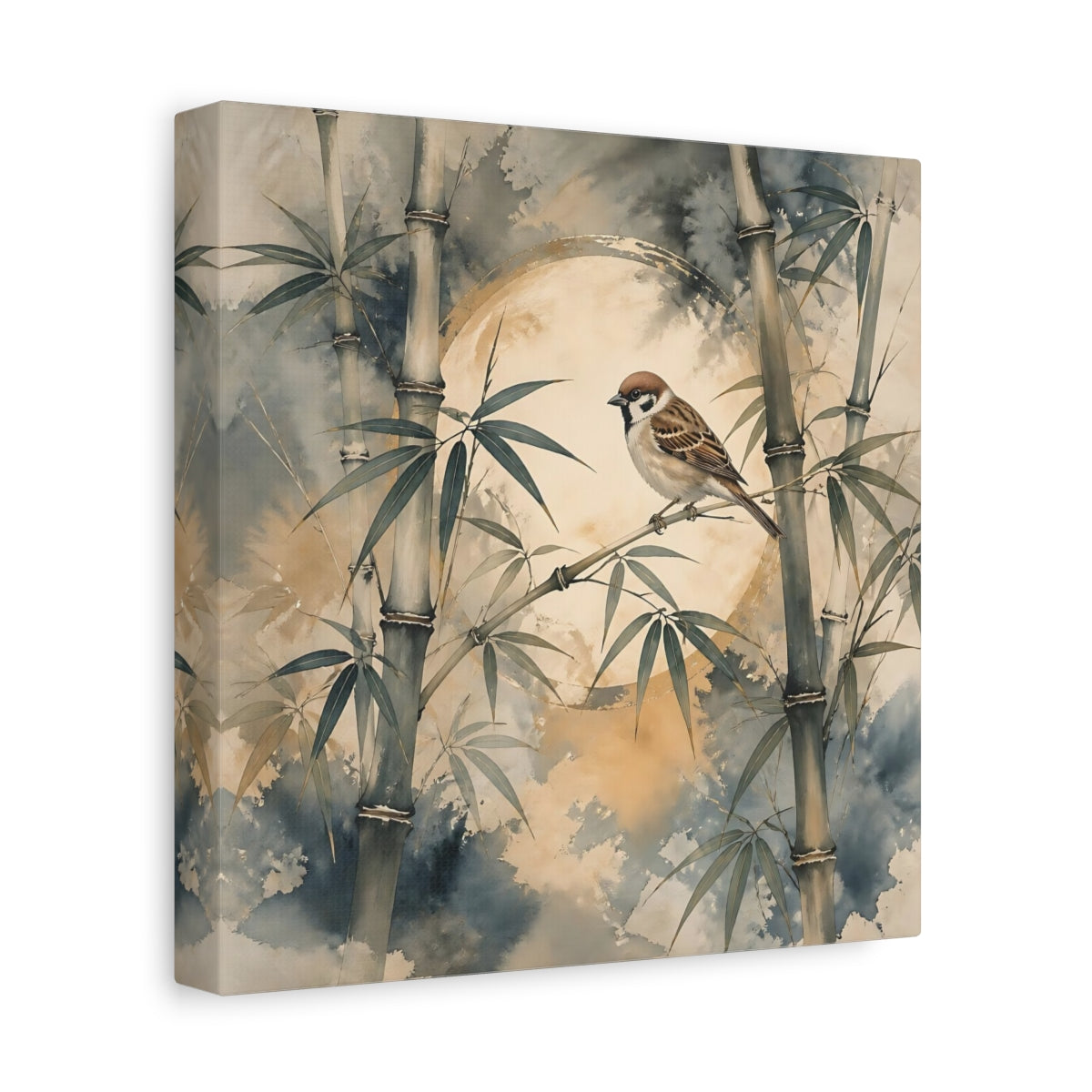Side Mockup 9. Sparrow On Bamboo Moon shown as canvas print