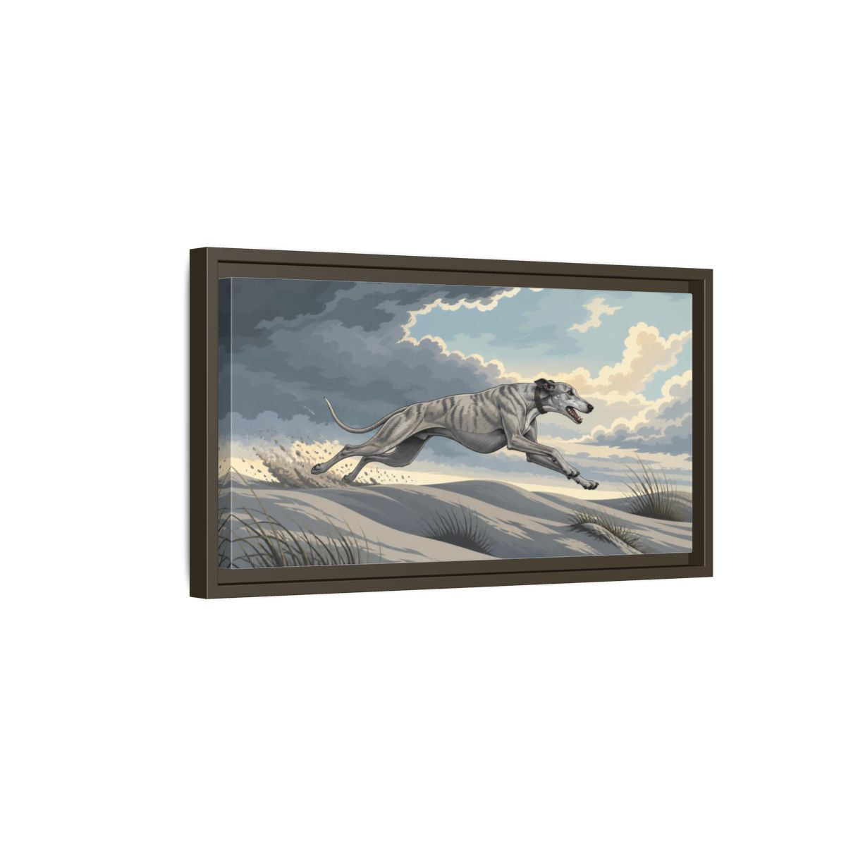 Side Mockup 7. Sprinting Pet Greyhound shown as framed canvas print