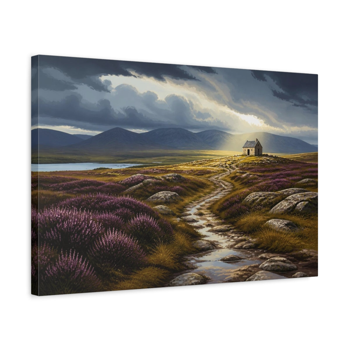 Side Mockup 3. Stone Bothy Landscape shown as canvas print