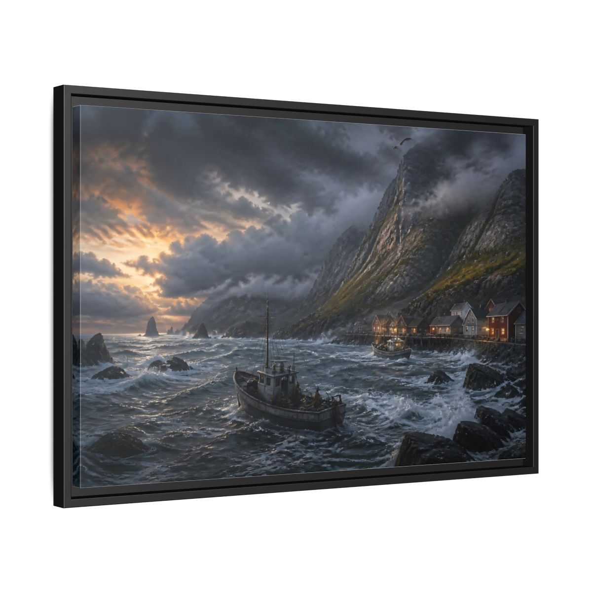 Side Mockup 14. Stormy Fishing Boat By Village shown as framed canvas print