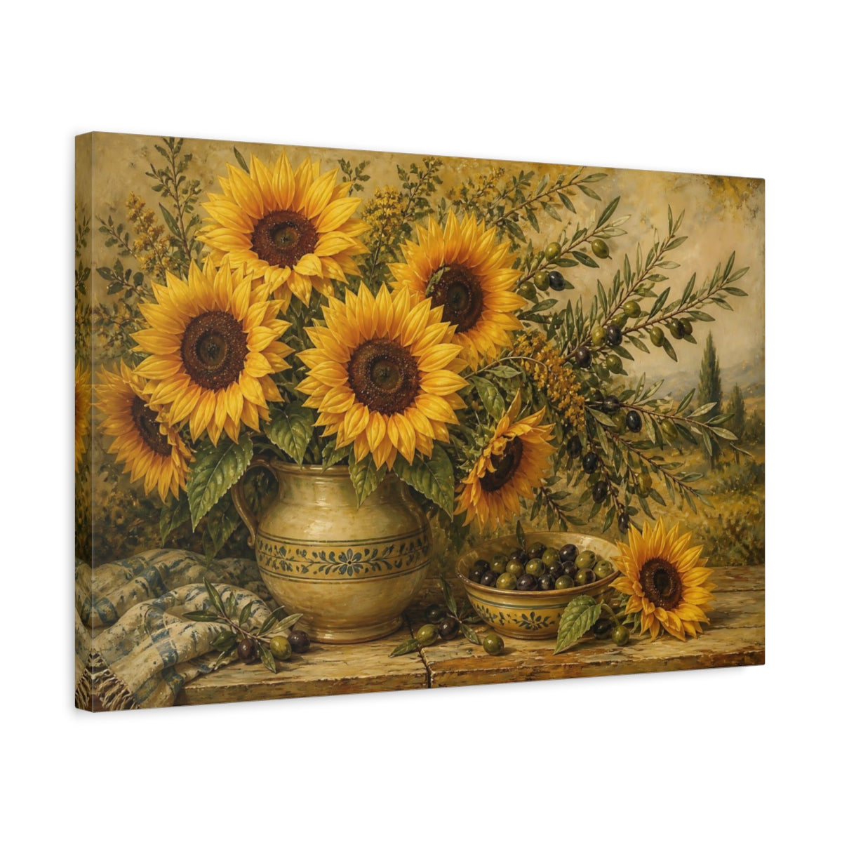 Side Mockup 3. Sunflowers And Olives shown as canvas print