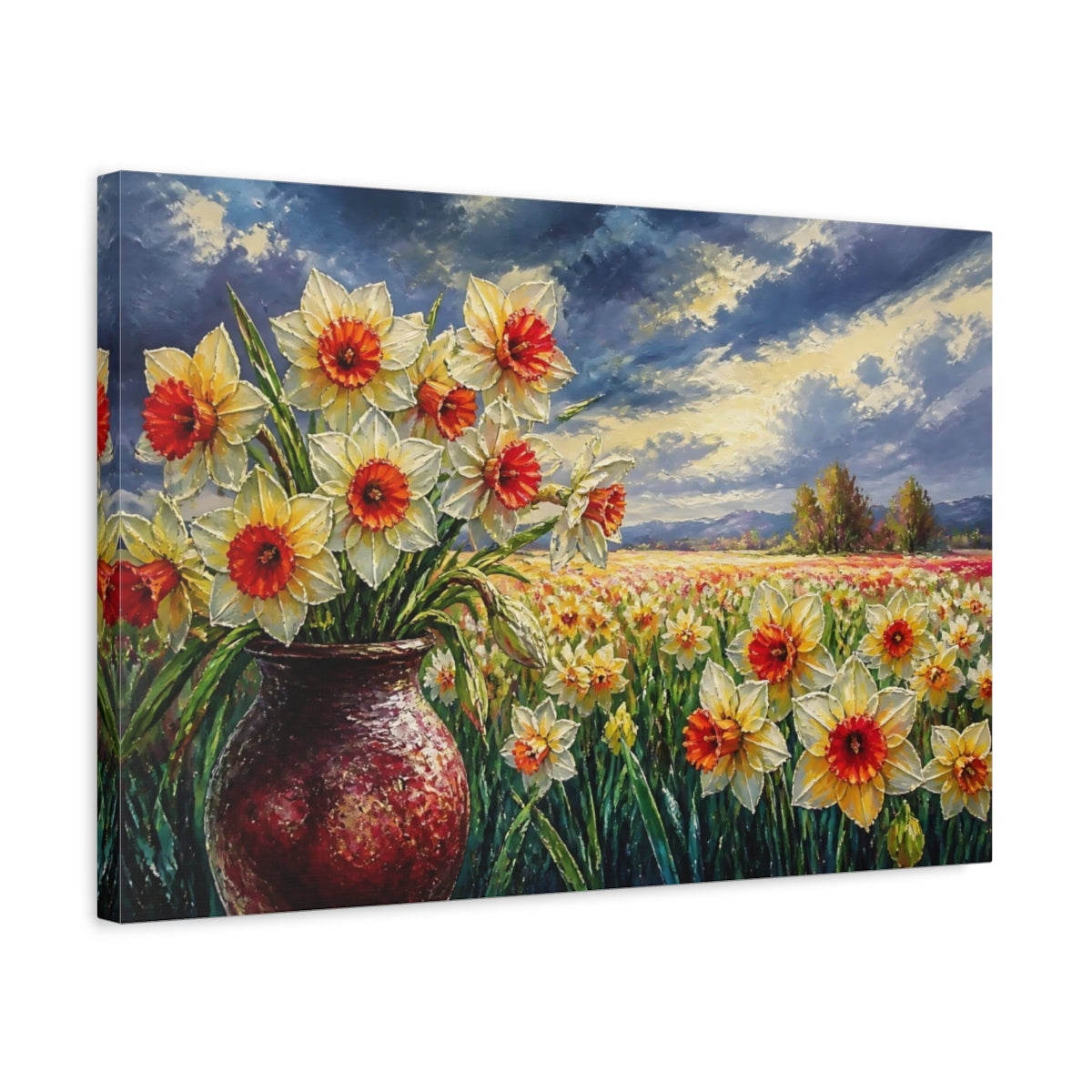 Side Mockup 3. Sunlit Daffodil Bouquet shown as canvas print