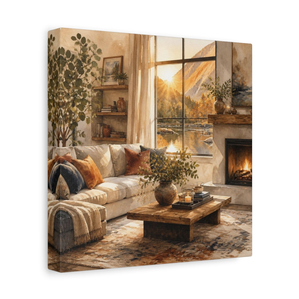 Side Mockup 9. Sunlit Living Room Sofa shown as canvas print