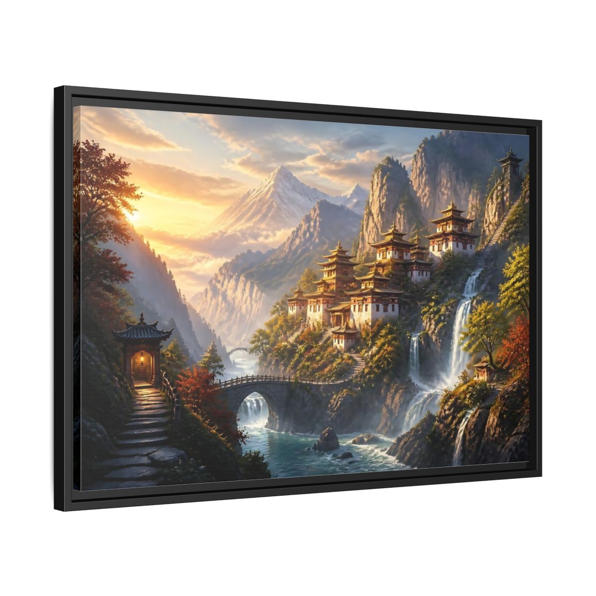 Side Mockup 14. Sunlit Mountain Temple shown as framed canvas print