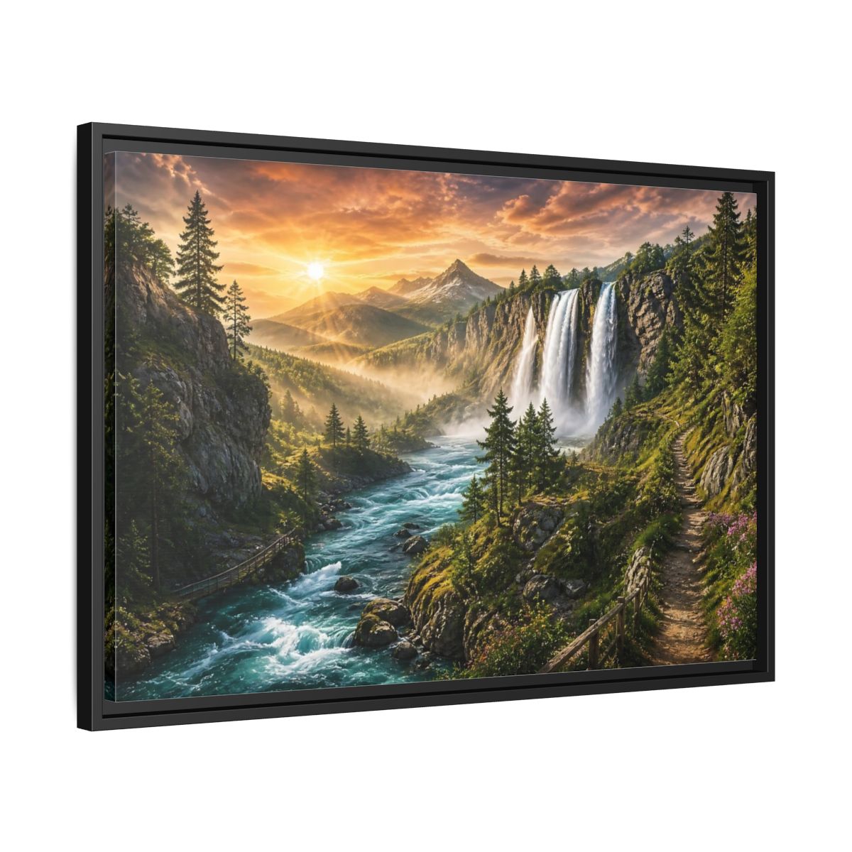 Side Mockup 14. Sunlit Mountain Waterfall shown as framed canvas print