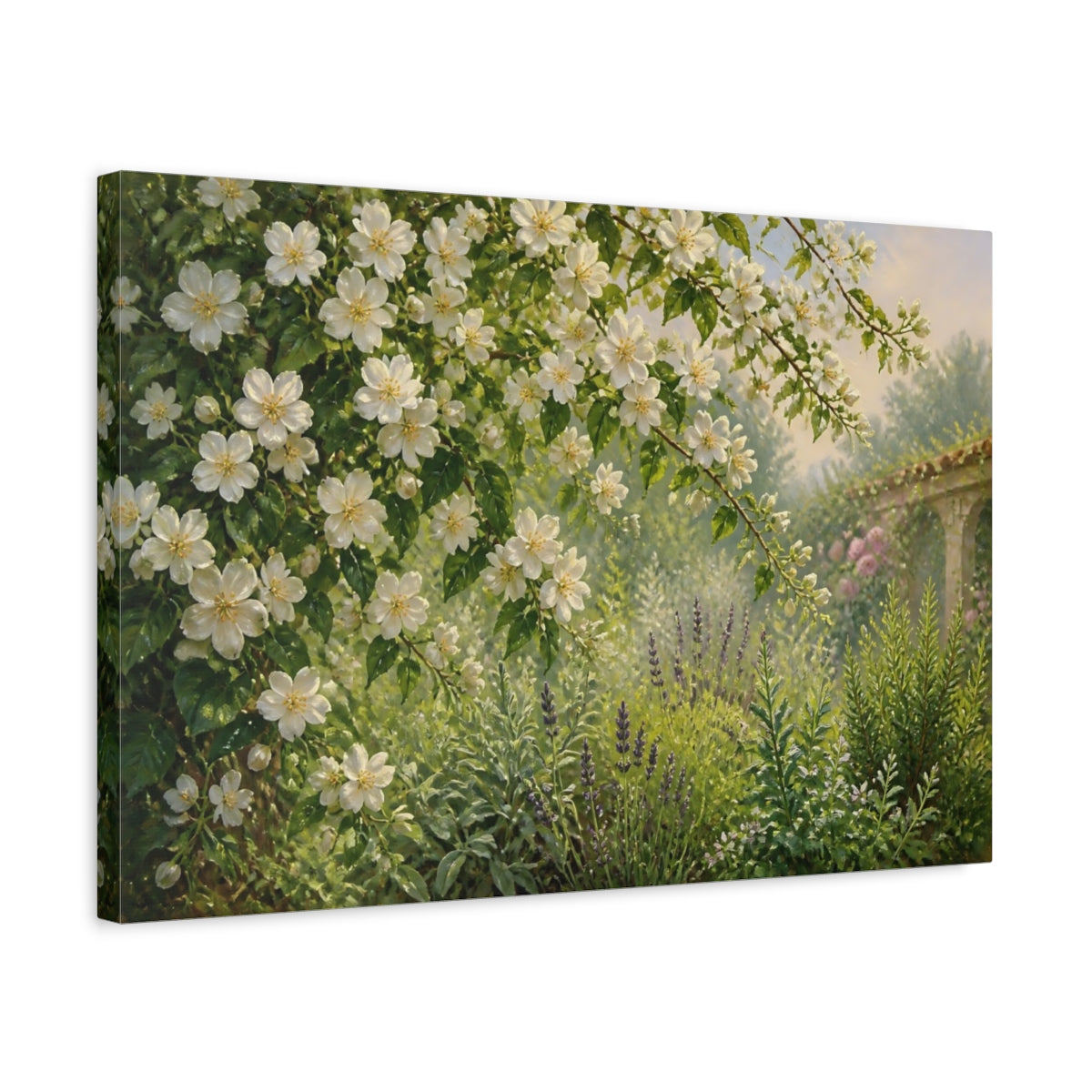 Side Mockup 3. Sunlit White Blossom Garden shown as canvas print