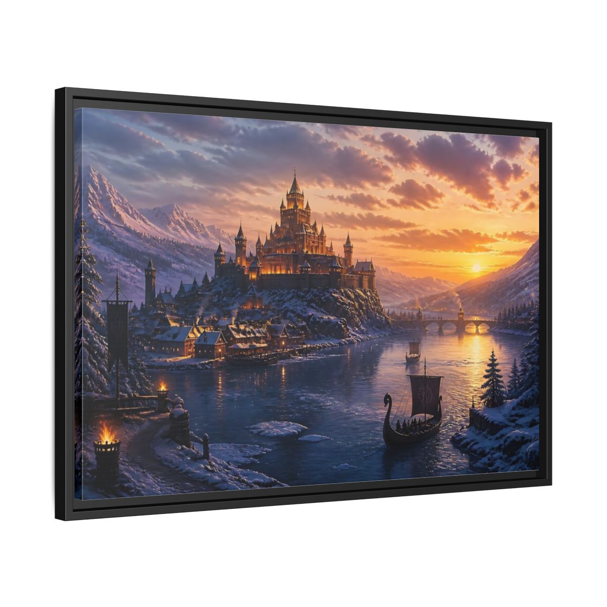 Side Mockup 14. Sunset Castle By River shown as framed canvas print