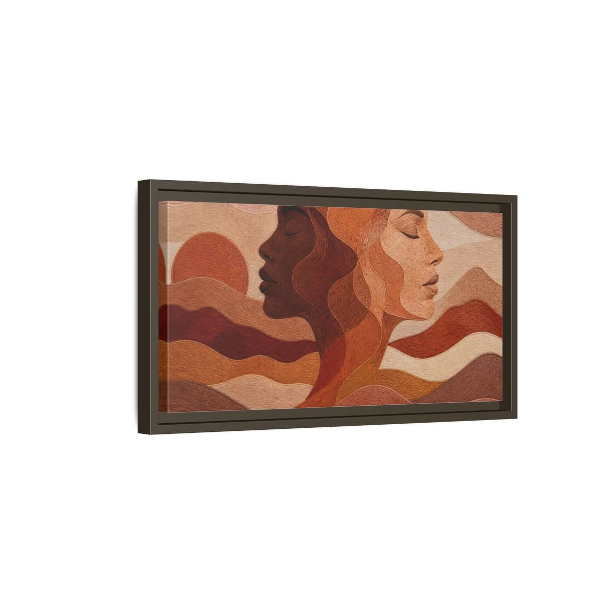 Side Mockup 7. Sunset Female Profiles shown as framed canvas print