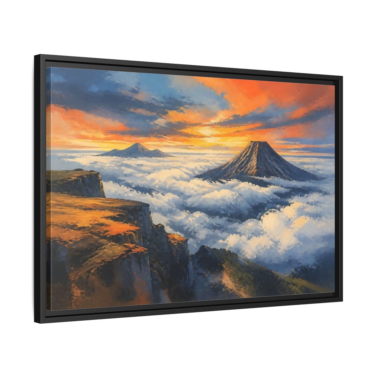 Side Mockup 14. Sunset Mountain Over Clouds shown as framed canvas print