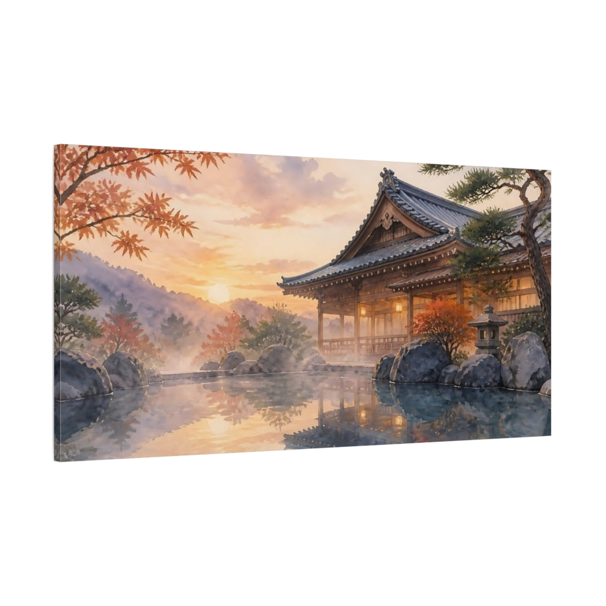 Side Mockup 2. Sunset Temple Reflection shown as canvas print