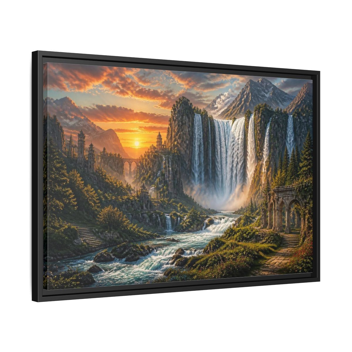 Side Mockup 14. Sunset Waterfall Landscape shown as framed canvas print