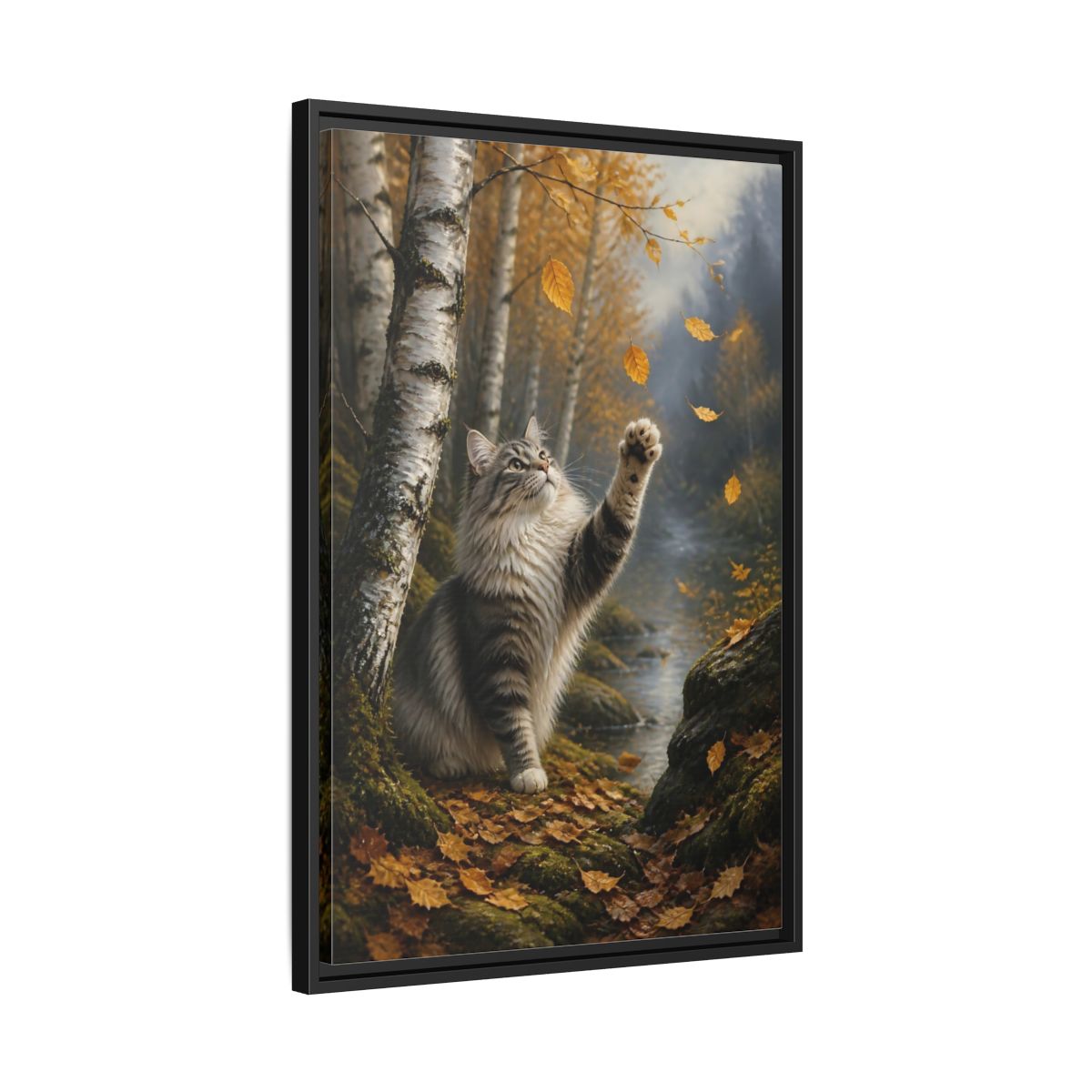 Side Mockup 14. Tabby Cat In Autumn shown as framed canvas print