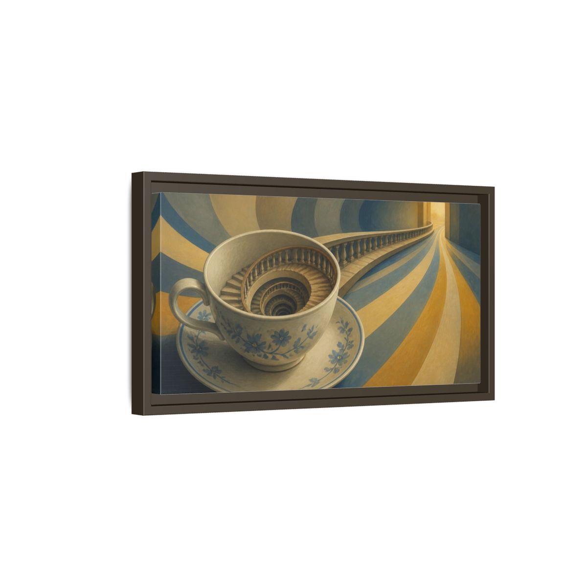 Side Mockup 7. Teacup Illusion Staircase shown as framed canvas print
