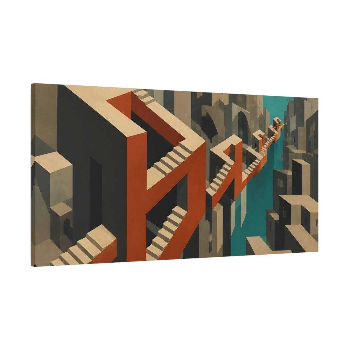 Side Mockup 2. Terracotta Impossible Staircase shown as canvas print