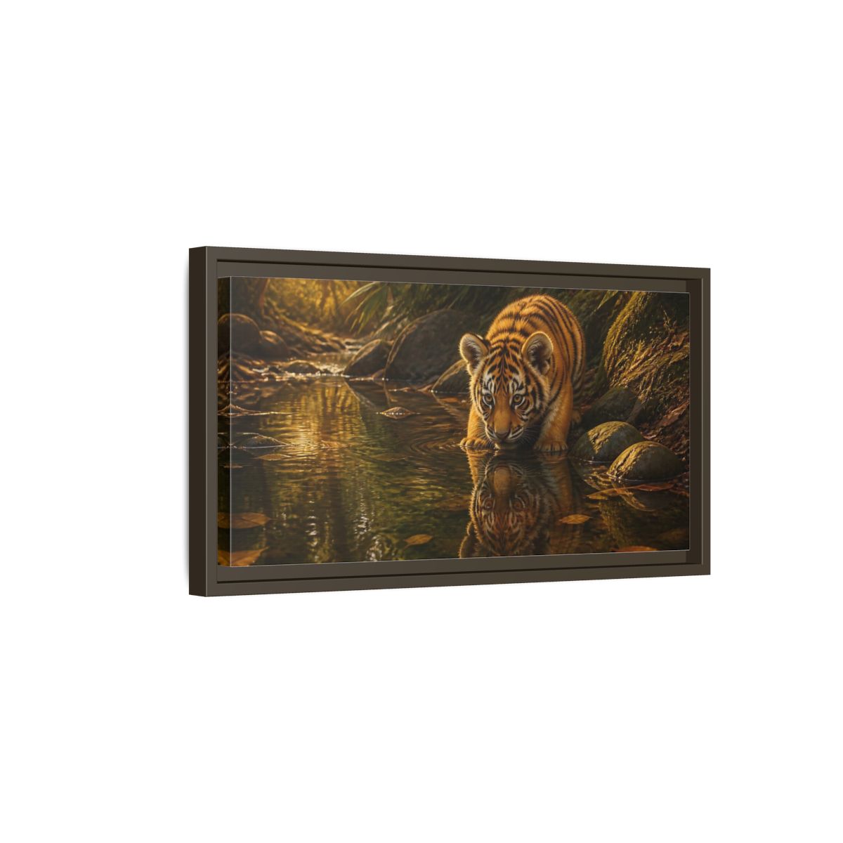 Side Mockup 7. Tiger Cub At Stream shown as framed canvas print