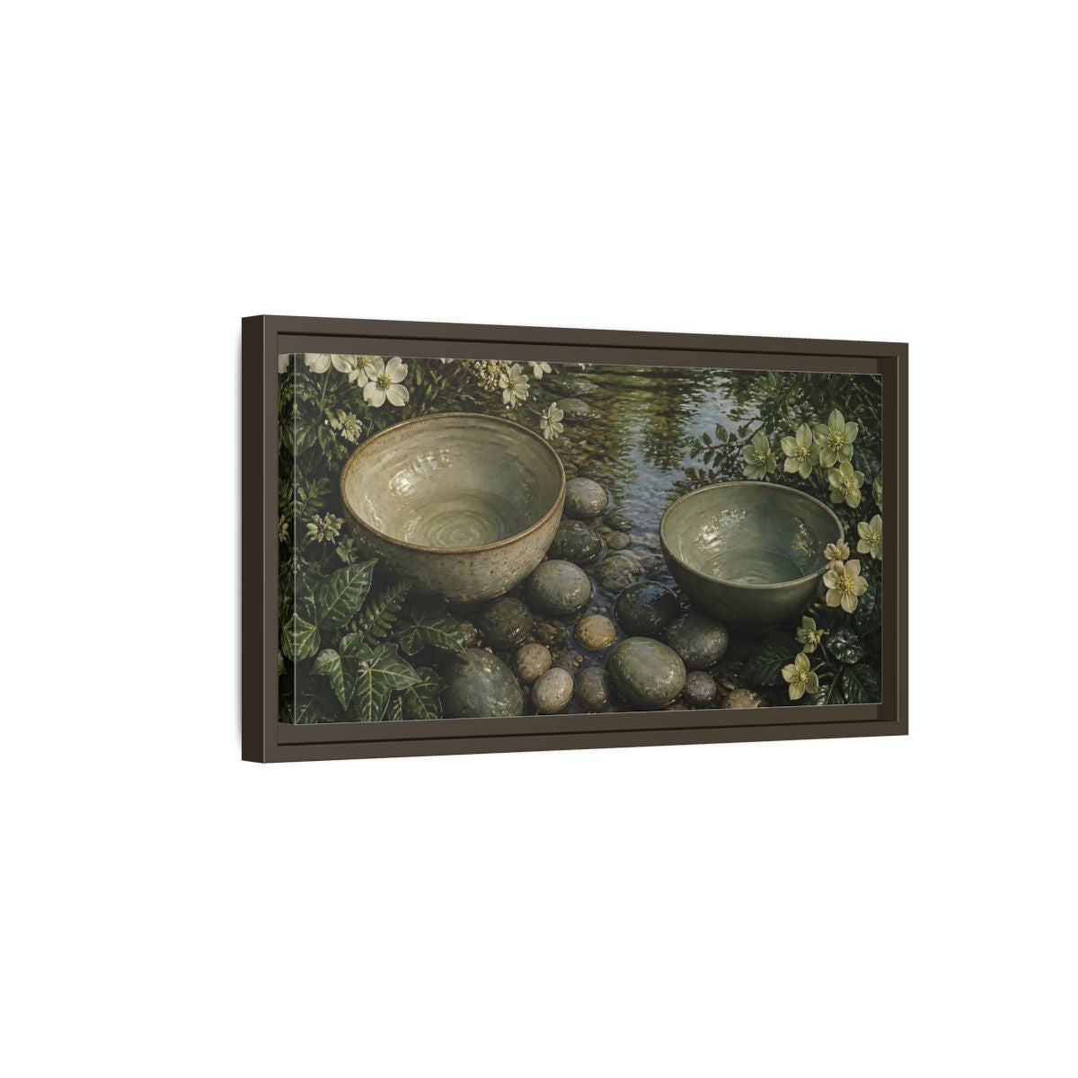 Side Mockup 7. Tranquil Ceramic Bowls shown as framed canvas print
