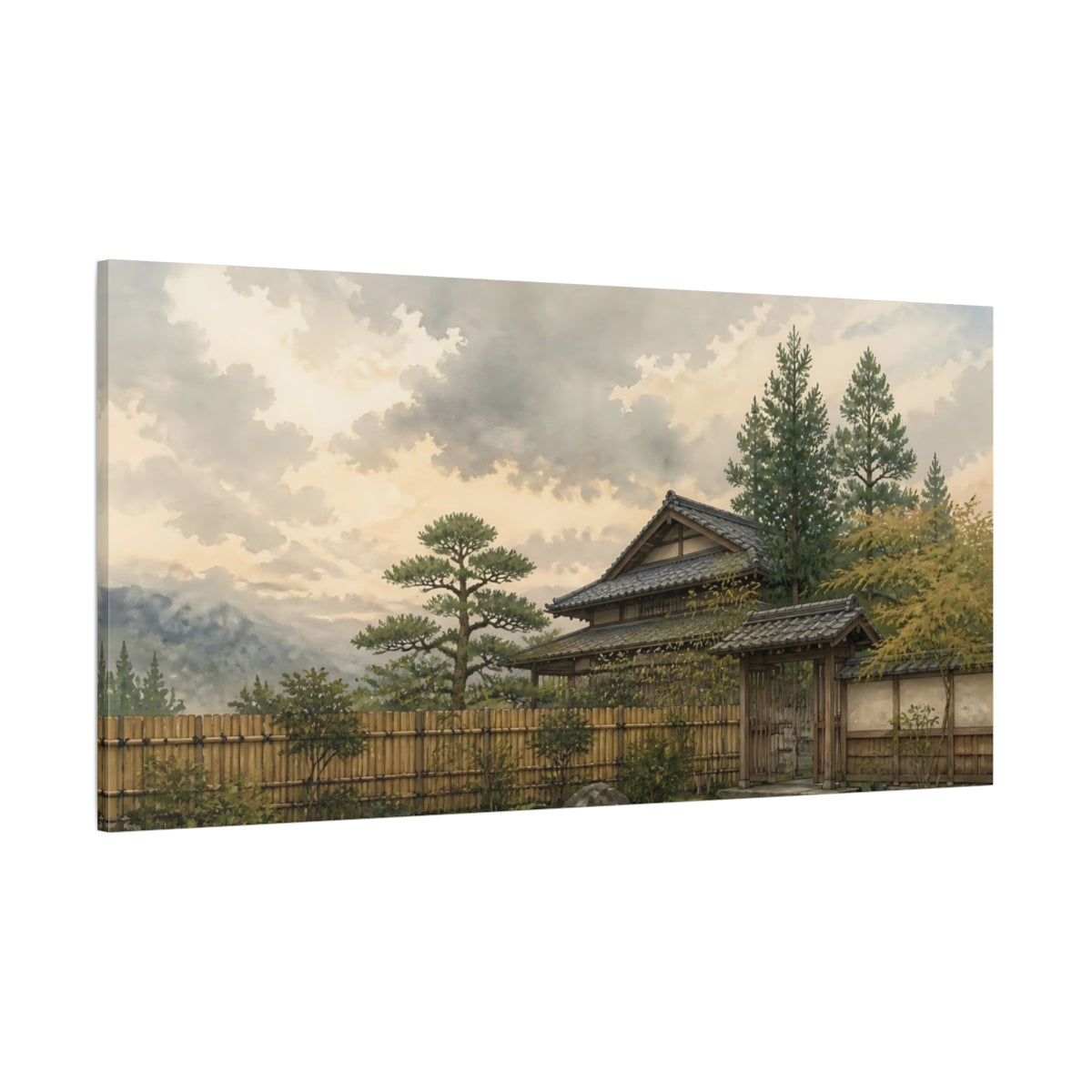 Side Mockup 2. Tranquil Japanese House Gate shown as canvas print