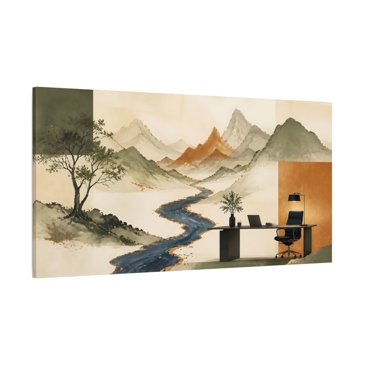 Side Mockup 2. Tranquil Mountain River Vista shown as canvas print