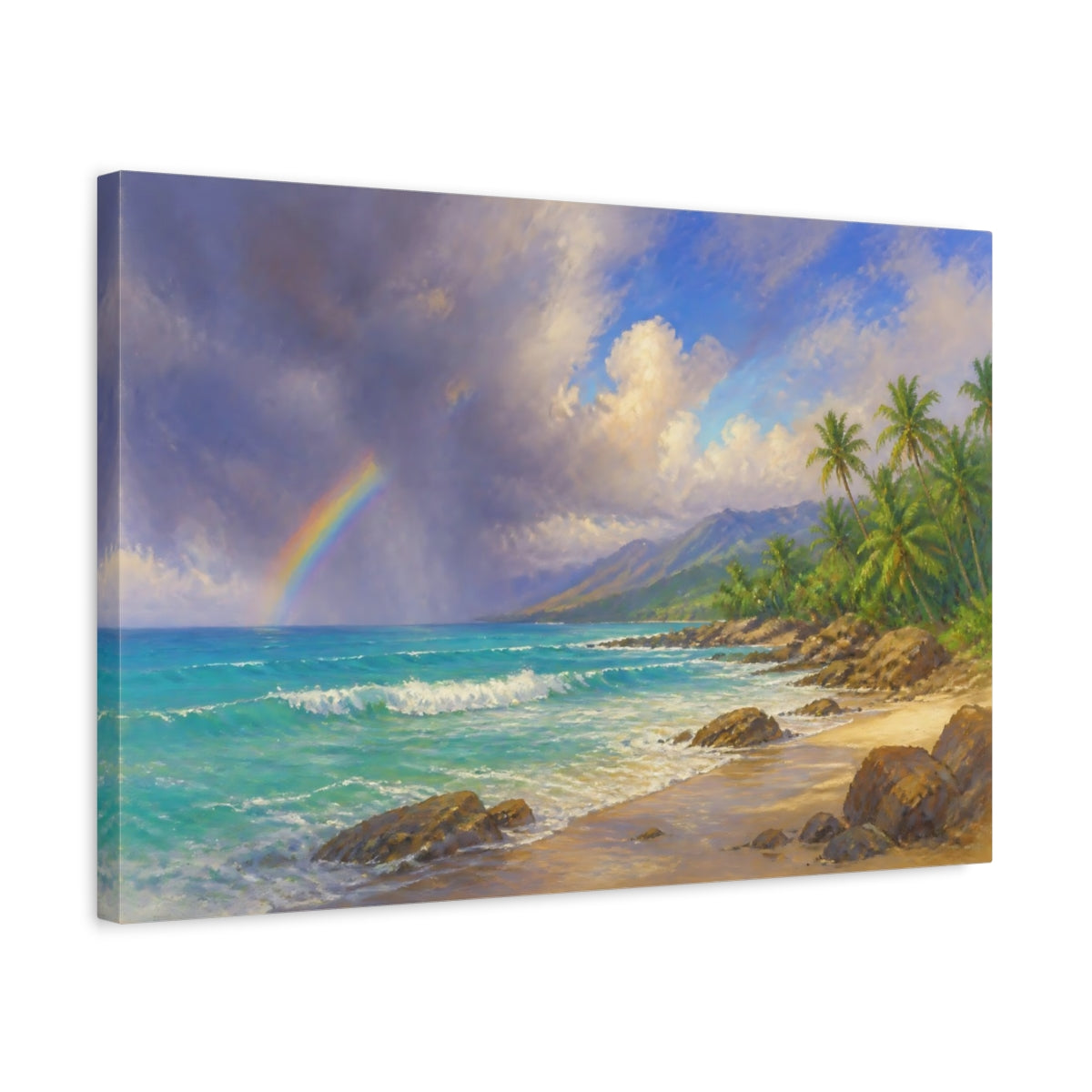 Side Mockup 3. Tropical Beach Landscape With Rainbow shown as canvas print