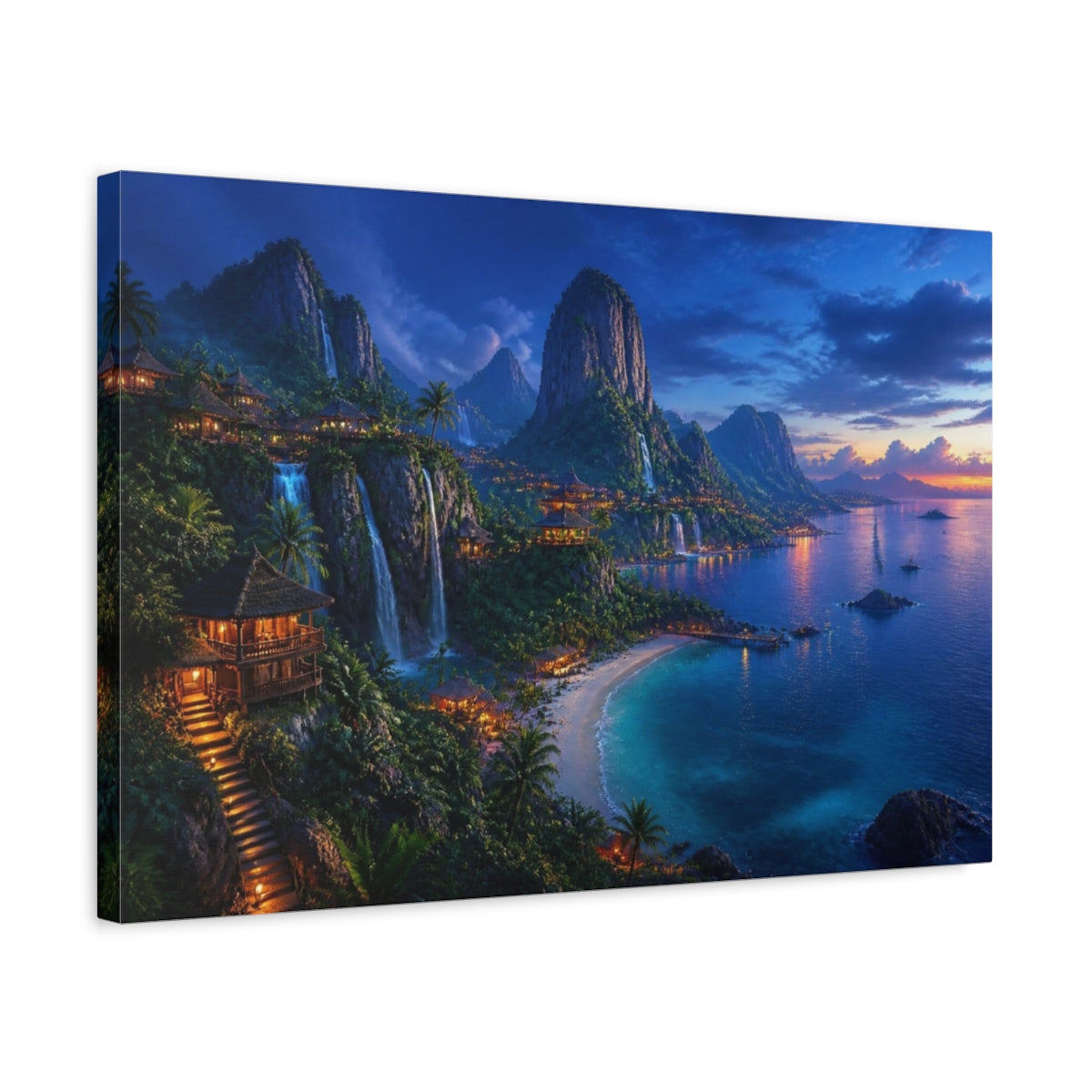 Side Mockup 3. Tropical Island Landscape At Dusk shown as canvas print