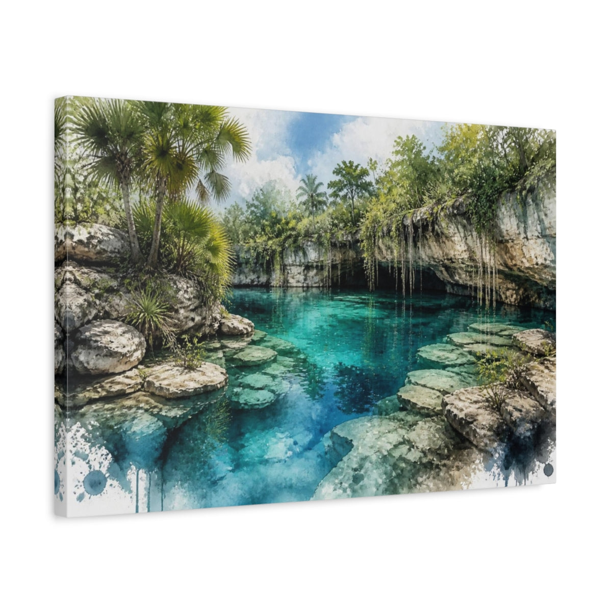 Side Mockup 3. Turquoise Cenote Landscape shown as canvas print