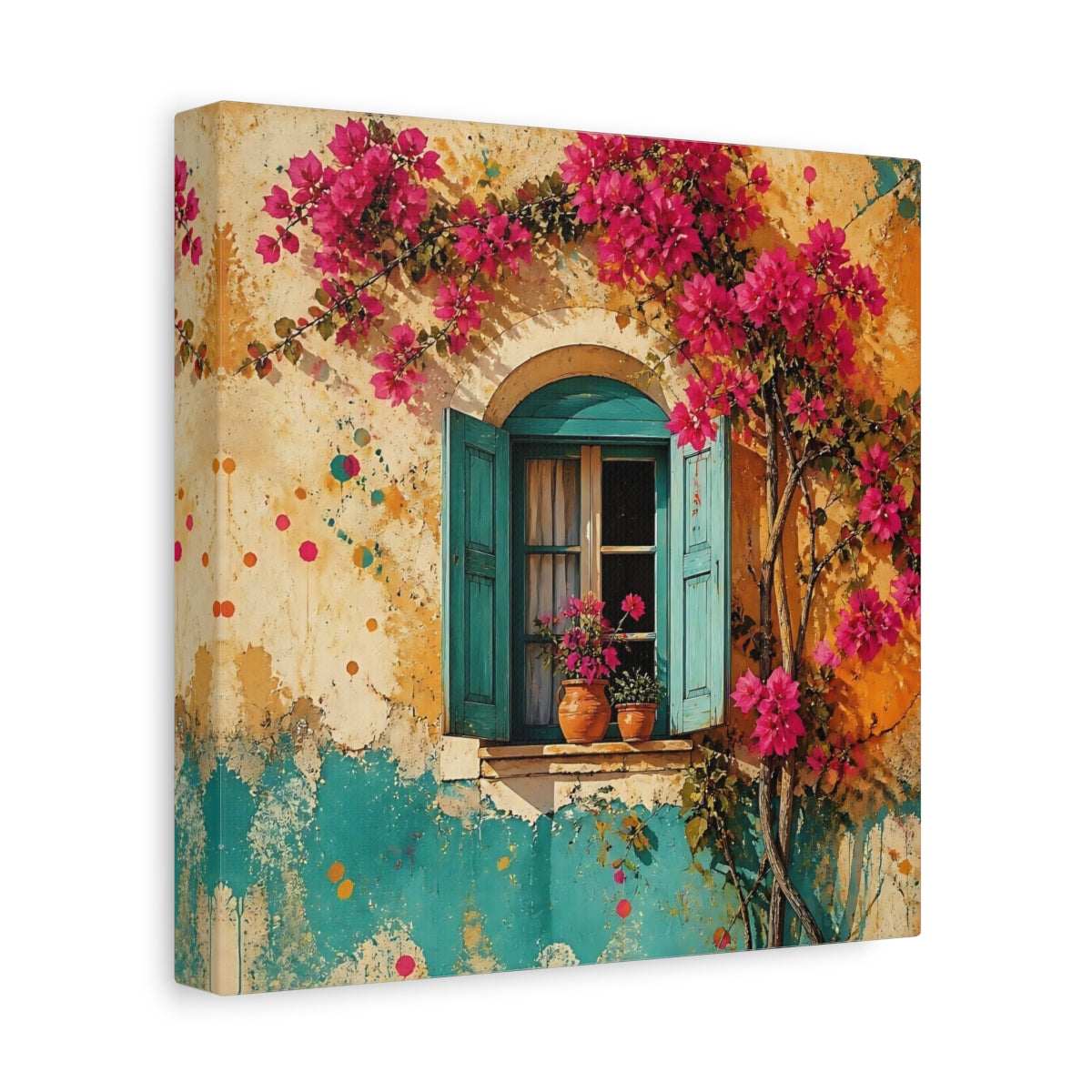 Side Mockup 9. Turquoise Window With Bougainvillea shown as canvas print
