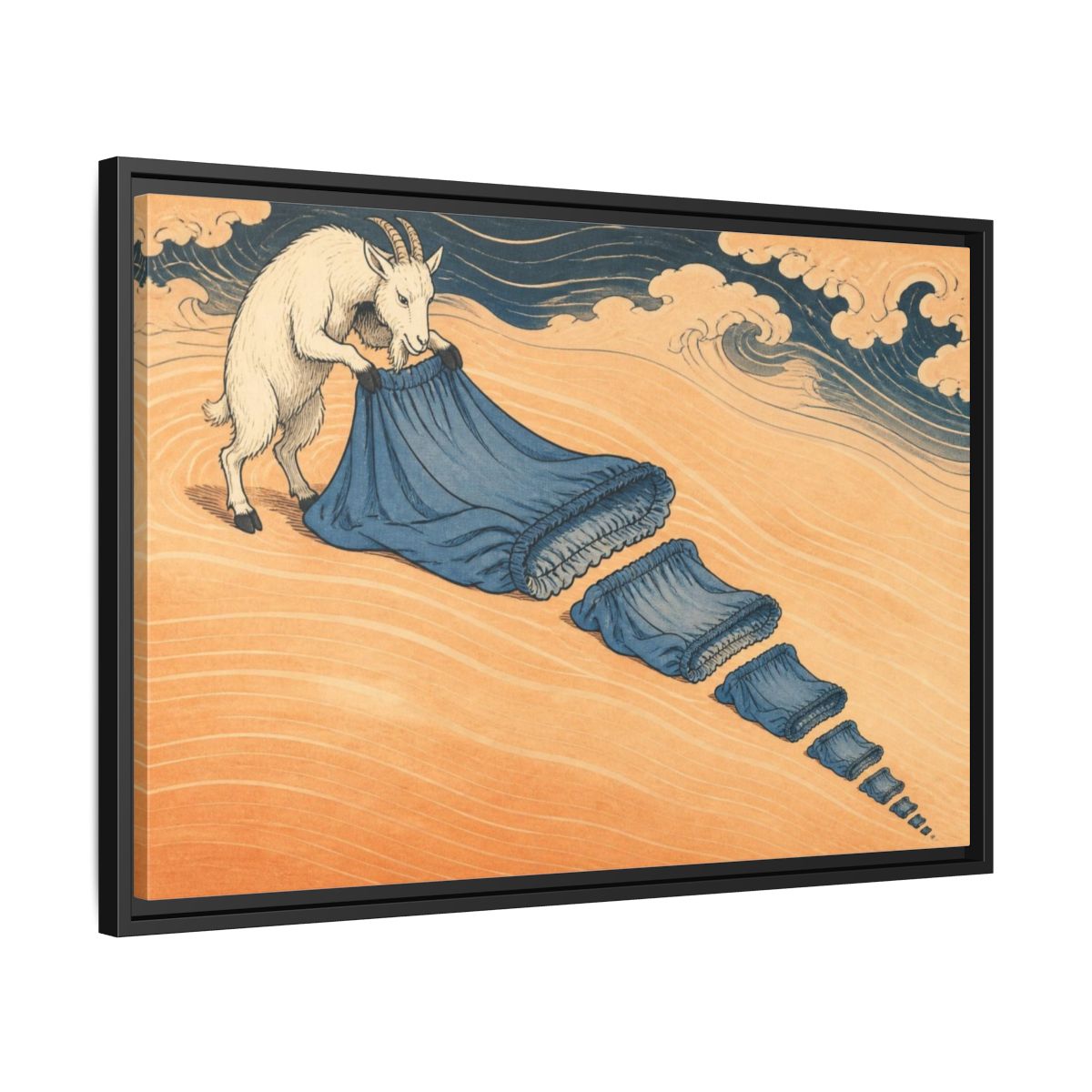 Side Mockup 14. Ukiyo-E Goat Folding Sheet shown as framed canvas print