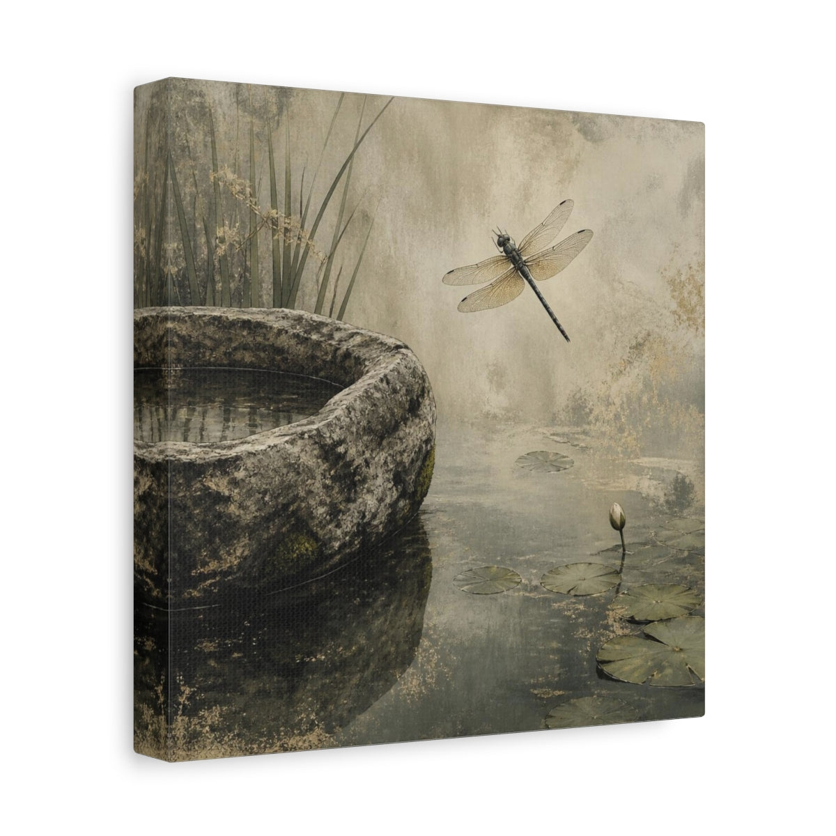 Side Mockup 9. Wabi Sabi Dragonfly Pond shown as canvas print