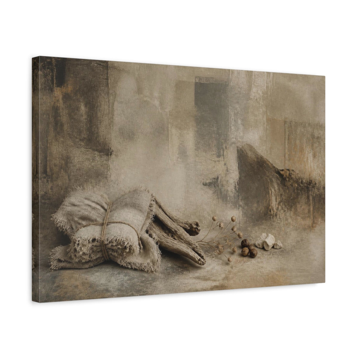 Side Mockup 3. Wabi Sabi Linen & Driftwood shown as canvas print